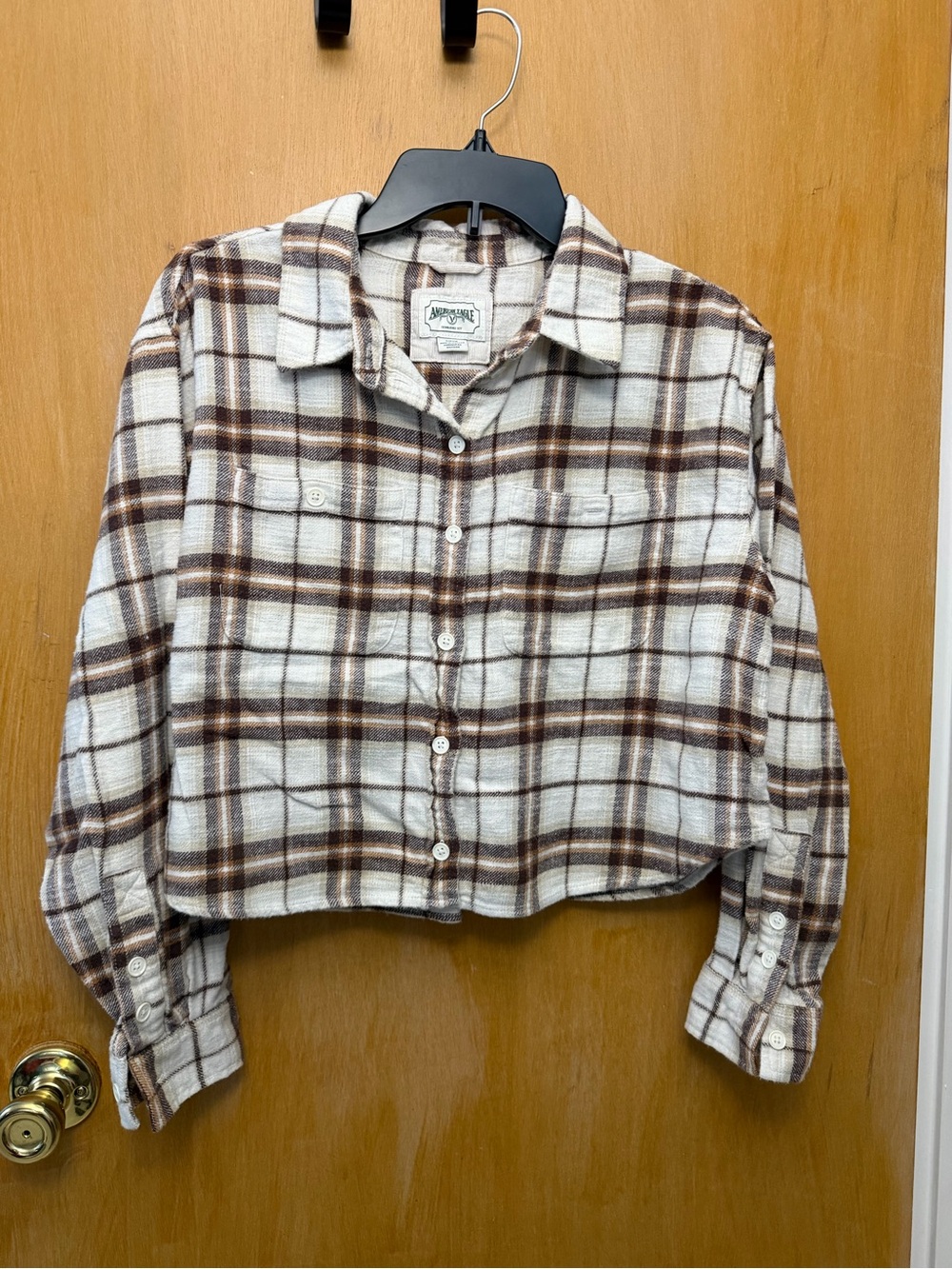 American Eagle Outfitters Cropped Plaid Button-Up Jacket - Brown & Ivory